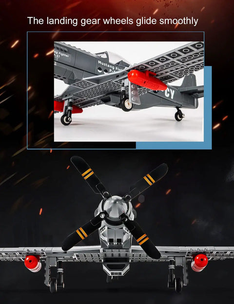 P51 Mustang Fighter Jet Building Block Set With 258 Pieces shows landing gear and propellers in detailed display