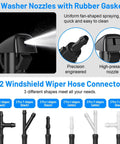 52 In 1 Windshield Washer Nozzle Kit For Chrysler Dodge Jeep Ram featuring 4 sprayer nozzles, 12 hose connectors, and rubber gasket detail.