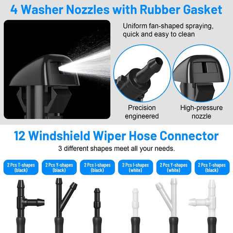52 In 1 Windshield Washer Nozzle Kit For Chrysler Dodge Jeep Ram featuring 4 sprayer nozzles, 12 hose connectors, and rubber gasket detail.