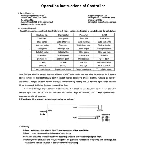Operation instructions for RGB LED Light Strip Remote Controller Dimmer With Wireless IR 44 Keys detailing functions and connections.