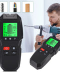 GYZOUKA 5 in 1 Wall Scanner Detector Stud Finder for Hanging Shelves in use with drill, showing LCD display and buttons.