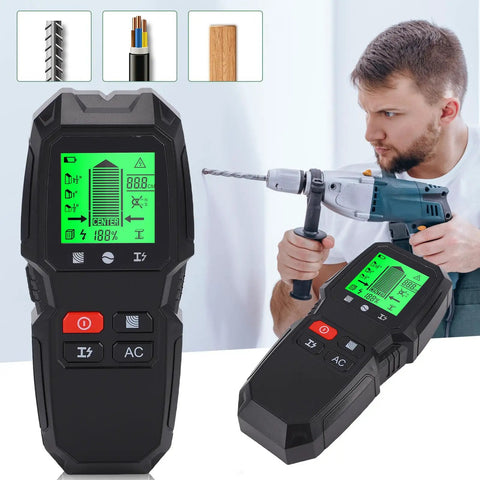 GYZOUKA 5 in 1 Wall Scanner Detector Stud Finder for Hanging Shelves in use with drill, showing LCD display and buttons.
