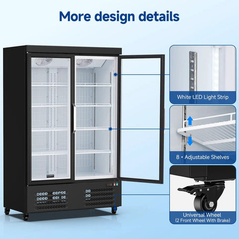 Heavy Duty Commercial Freezer Upright Two Door Glass Display Cold Storage 36 Cubic Feet with LED lights and adjustable shelves.