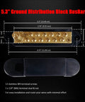 Heavy Duty 150 Amp Power Distribution Bus Bar With 1/4 Inch Stud And Solid Brass Core, 5.3 inches, featuring gold terminals and secure cover.