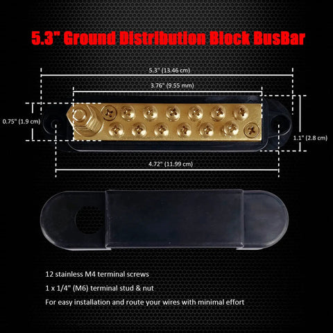 Heavy Duty 150 Amp Power Distribution Bus Bar With 1/4 Inch Stud And Solid Brass Core, 5.3 inches, featuring gold terminals and secure cover.