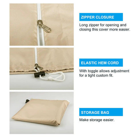 Heavy Duty 420D Oxford Umbrella Cover With Zipper All Weather Waterproof Patio Protector features zipper, elastic hem cord, storage bag.