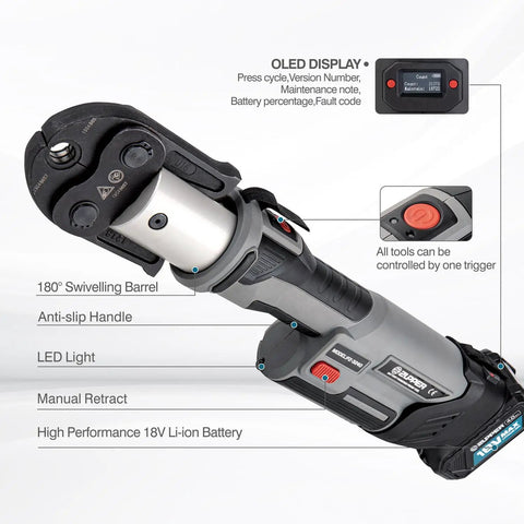 Heavy Duty Standard Press Tool Kit For Half Inch To Two Inch Copper Pipes With Jaws ProPress Compatible Fittings showing LED display