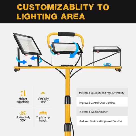 Premium 21000 Lumen Led Work Light With Retractable Tripod Stand And Extended 16 Foot Power Cord, adjustable lamp heads for customizable lighting.