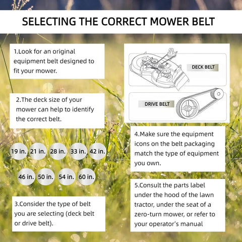 Guide showing steps to select the correct mower belt, highlighting deck sizes and belt types for lawn tractors and mowers.