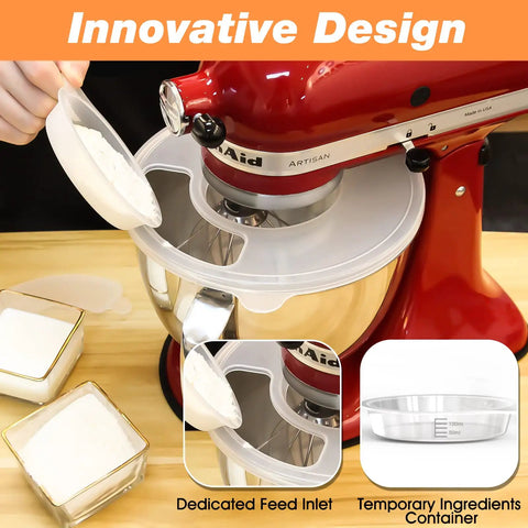 Person pouring flour into red stand mixer with Spill Proof Bowl Covers For 4.5 To 5 Qt Tilt Head Stand Mixers With Splash Guard And Extra Pouring Window Dishwasher Safe Lid To Prevent Messes Fits 4.5 To 5 Qt Bowls Pack Of 2.