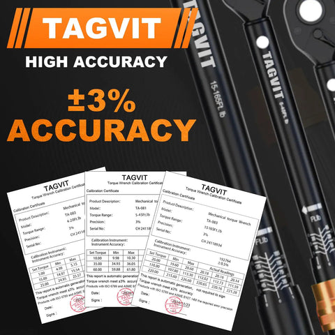 41 Piece Torque Wrench Set With Click Type Tools For Bikes, Motorcycles, Cars And Home Garage Maintenance Includes 4 To 20 Foot Pounds, 5 To 45 Foot Pounds, And 15 To 165 Foot Pounds With 3 Percent Accuracy Plus Extensions, Sockets And Bits, 3% accuracy certificates shown