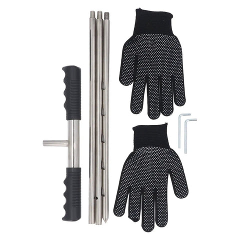 Stainless Steel Soil Probe Rod 17 32 48 Inch Adjustable Ground Locator Tool with T Handle, gloves, and tools shown