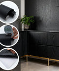 Dope Matte Black Peel And Stick Wood Texture Wallpaper Roll 16 Inch By 120 Inch on kitchen cabinets and countertop