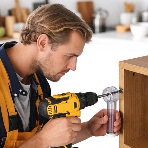Heavy Duty Drywall Dust Collector Attachment For Drill Bits Straight Up Debris Capture used with drill on wooden cabinet