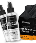 Front view: EVEO Glasses Cleaner Spray kit with 2oz spray bottles and two black microfiber cloths with orange accents.