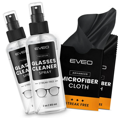 Front view: EVEO Glasses Cleaner Spray kit with 2oz spray bottles and two black microfiber cloths with orange accents.