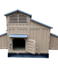 Snap Lock Large Chicken Coop For Backyards, tan plastic hen house, front view with open door, four nesting spots visible