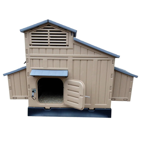 Snap Lock Large Chicken Coop For Backyards, tan plastic hen house, front view with open door, four nesting spots visible