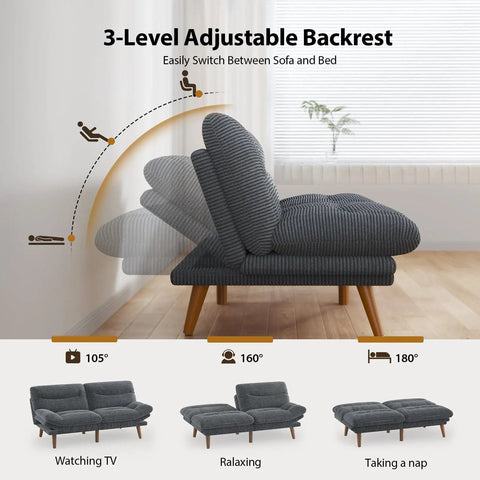 66 Inch Corduroy Futon Sofa Bed with adjustable backrest, showing 3-level recline positions, ideal for small living rooms in grey.