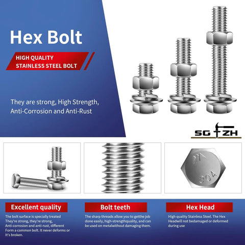Beefy 1/4-20 Hex Head Bolt Kit With Nuts, Flat And Lock Washers, 20 Pcs, 304 Stainless Steel, anti-corrosion features shown.