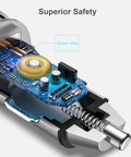 Next Gen Pure Copper Usb C Car Charger With 45 Watt Dual Port Fast Charging showing internal smart chip and safety features.