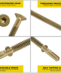 Heavy Duty Hex Washer Deck Screws For Wood To Metal Fastening With Replacement Star Bits Corrosion Resistant Zinc Coating showing countersunk head, threading process, breakable wings, and self-tapping cut.