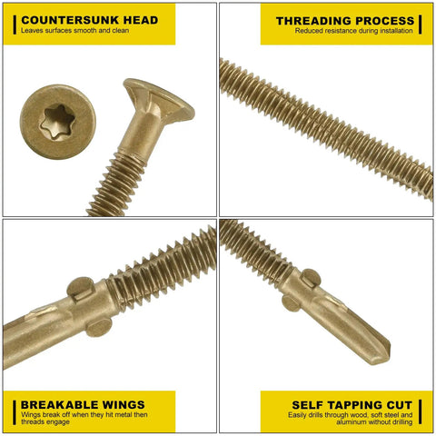 Heavy Duty Hex Washer Deck Screws For Wood To Metal Fastening With Replacement Star Bits Corrosion Resistant Zinc Coating showing countersunk head, threading process, breakable wings, and self-tapping cut.