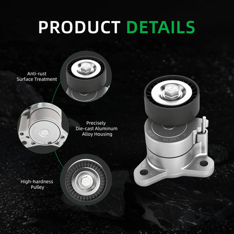 High Performance Drive Belt Tensioner And Pulley Kit For Dodge Journey Ram 2009-2017 Avenger Caliber Compass Patriot Fit 2.4L 2.0L Models close-up of aluminum alloy housing and pulley.