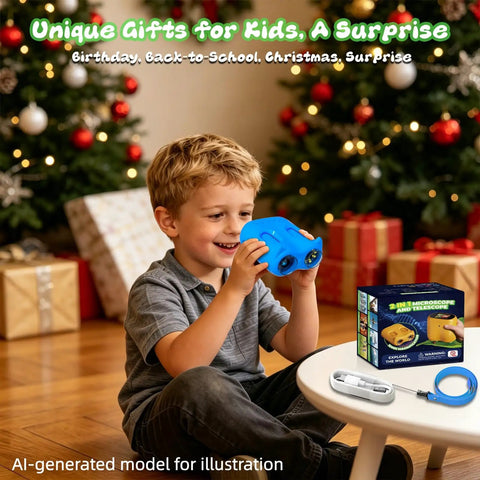 2 In 1 Kids Digital Microscope And Telescope With 1000X Magnification 10X Eyepiece 4K Imaging 2 Inch Screen Photo And Video Capture Built In Storage For 200 Shots Super Cool STEM Science Toy Gift For Ages 3 4 5 6 7 8 9 10 11 12, boy using blue handheld device