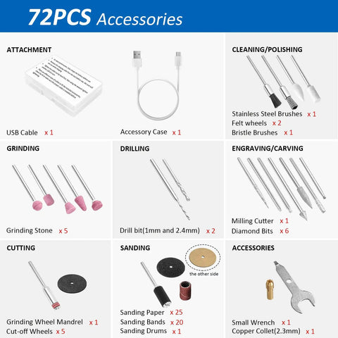 72 accessories overview for Cordless Rotary Tool Kit For Small DIY Projects With 72 Accessories, including various bits and attachments.