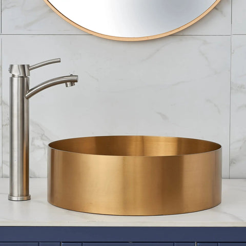 Gold Round Vessel Sink With Nano Titanium Plating Finish, 15.75 X 15.75 Inch T304 Stainless Steel Handmade Bathroom Sink