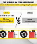 Comparison of drain cables: Flexible Manganese Steel vs. Brittle Carbon Steel for the 250W Electric Handheld Drain Auger.