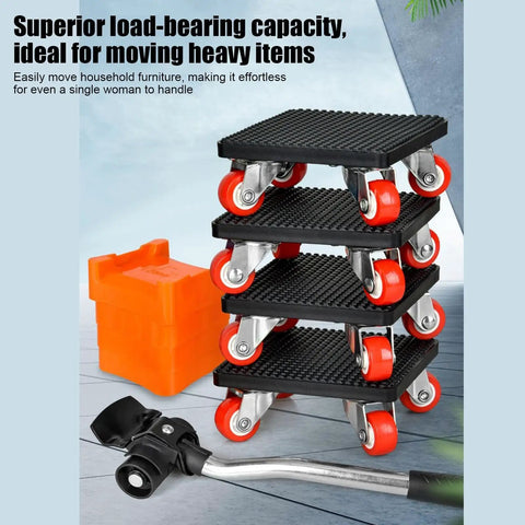 Heavy Duty Furniture Movers Lifter Set Stackable Low Clearance Glides with 360 swivel wheels and a lifter tool.