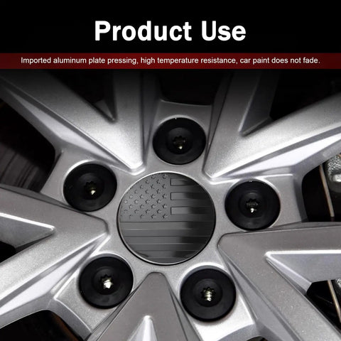Fresh Dope Matte Black American Flag Wheel Center Cap Stickers 4 Pack 56Mm on a silver alloy wheel with black accents.