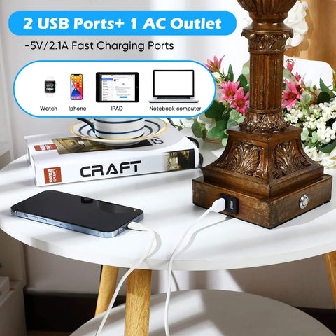 29 Inch Touch Control Traditional Table Lamps Set Of 2 Bronze Finish Bedside Lamps With Dual USB Ports And 1 AC Outlet