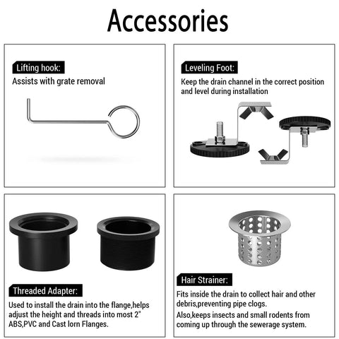 36 Inch Matte Black Stainless Steel Rectangular Shower Drain With Grid Cover, Adjustable Feet, Hair Strainer, Removable Cover accessories
