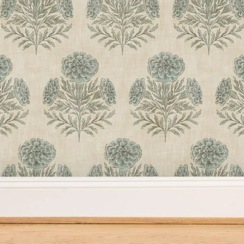 Blue Floral Vinyl Wallpaper With Subtle Leather Texture Finish Paste Required Commercial Grade Wallcovering For Hotels Offices Restaurants Custom Printed Just For You Professional Installation Recommended Solid Performance Room Decor floral design on beige background