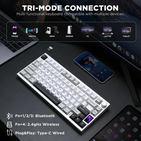 Slick Pro Wireless Aluminum 75 Percent Mechanical Keyboard With Custom LCD Display Gateron Zero Switches And Killer RGB Lighting For Your Daily Driver Rig on a desk with devices.