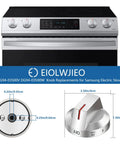 Front view of electric stove with Replacement Knob Set For DG94 03500A Z DG94 03500V DG94 03500W 4 Pack and knob dimensions shown.