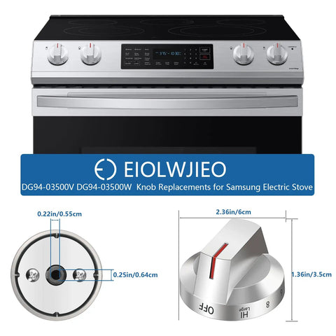 Front view of electric stove with Replacement Knob Set For DG94 03500A Z DG94 03500V DG94 03500W 4 Pack and knob dimensions shown.
