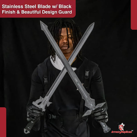Person holding Kiritos Dark Repulser Elucidator Dual Sword Set with back sheath, stainless steel blades for cosplay and display.