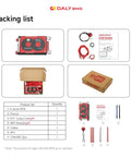 Packing list for Smart BMS Monitor For 12V Lithium Cells Packed With 100 Amp Rating showing components and manual.