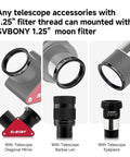 1.25 Inch Moon Filter For Telescopes with accessories including diagonal mirror, barlow lens, and eyepiece attachments