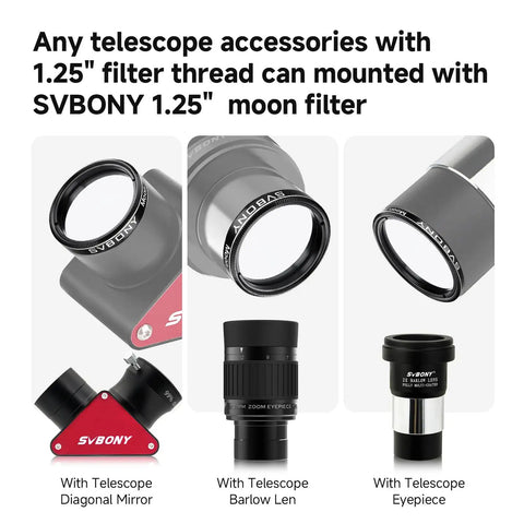 1.25 Inch Moon Filter For Telescopes with accessories including diagonal mirror, barlow lens, and eyepiece attachments