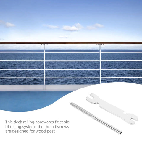 Stainless Steel Press-Fit Lag Screws With Spanner For Cable Railing Installation on outdoor deck overlooking ocean.