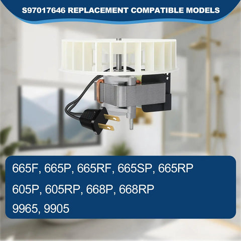 Replacement Bathroom Exhaust Fan Motor With Blower Wheel, 70 CFM, shown in bathroom setting, compatible with multiple models