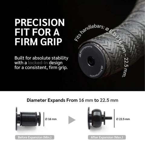 Aluminum Bike Bar End Plugs Set showing fit range 16-22.5 mm, durable 6061 T6 alloy construction for mountain and road bikes.