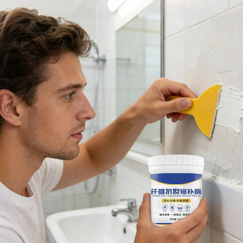 Man using All In One Wall Repair Kit With Easy To Use Putty 500G Quick Drying Filler for Cracks in bathroom wall