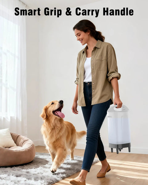 Woman carrying 2.4 Gallon Stainless Steel Gravity Dog Water Dispenser with Ergonomic Handle in a living room with a dog.