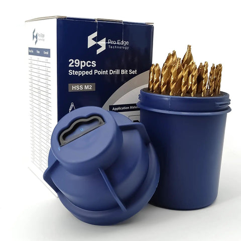29 Piece Pro Grade HSS Stepped Point Drill Bit Set With Titanium Coating One Sixteenth To One Half Inch in round case